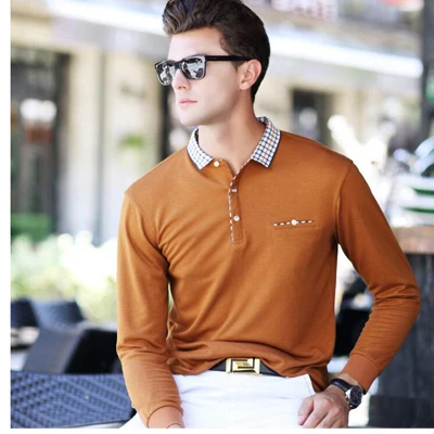 Летняя Высококачественная Мужская деловая рубашка поло Повседневная хлопковая однотонная поло с длинными рукавами Мужская брендовая Однотонная рубашка поло мужские поло для мужчины - Цвет: 8877 Yellow