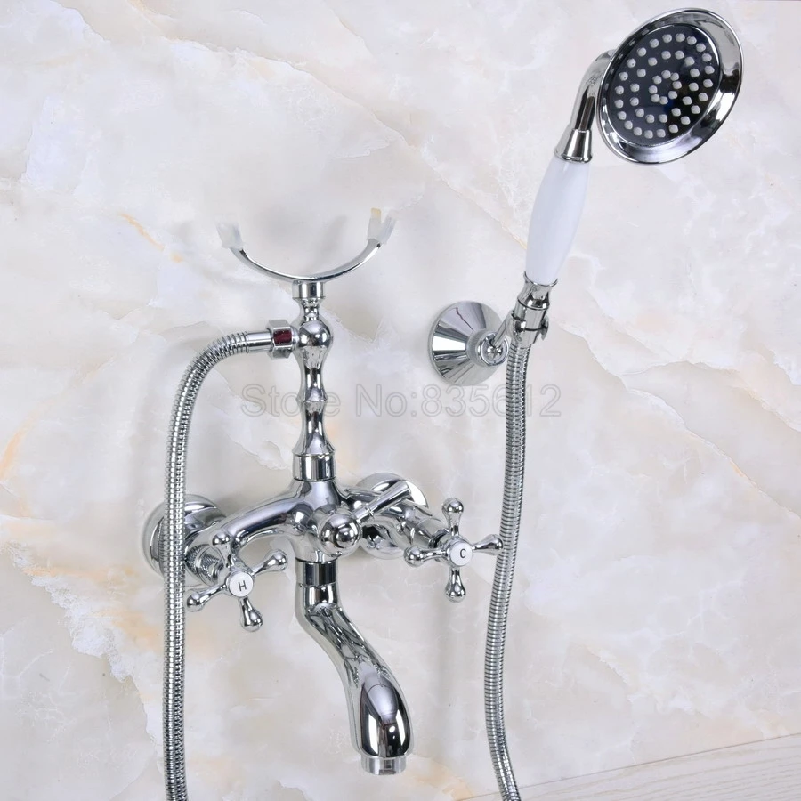 

Wall Mounted Chrome Polished Clawfoot Bathtub Faucet telephone style Bath Shower Water Mixer tap with Handshower tna232
