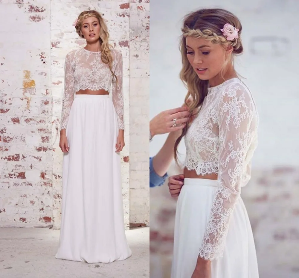

Lace Long Sleeve Two Piece Bohemian Country Cheap Wedding Dresses 2020 White Chiffon Vestidos De Novia Beach Made In China Sexy