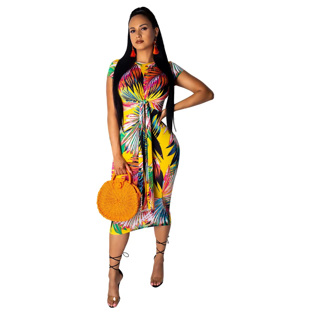 Женское летнее карнавальное платье с короткими рукавами и принтом листьев