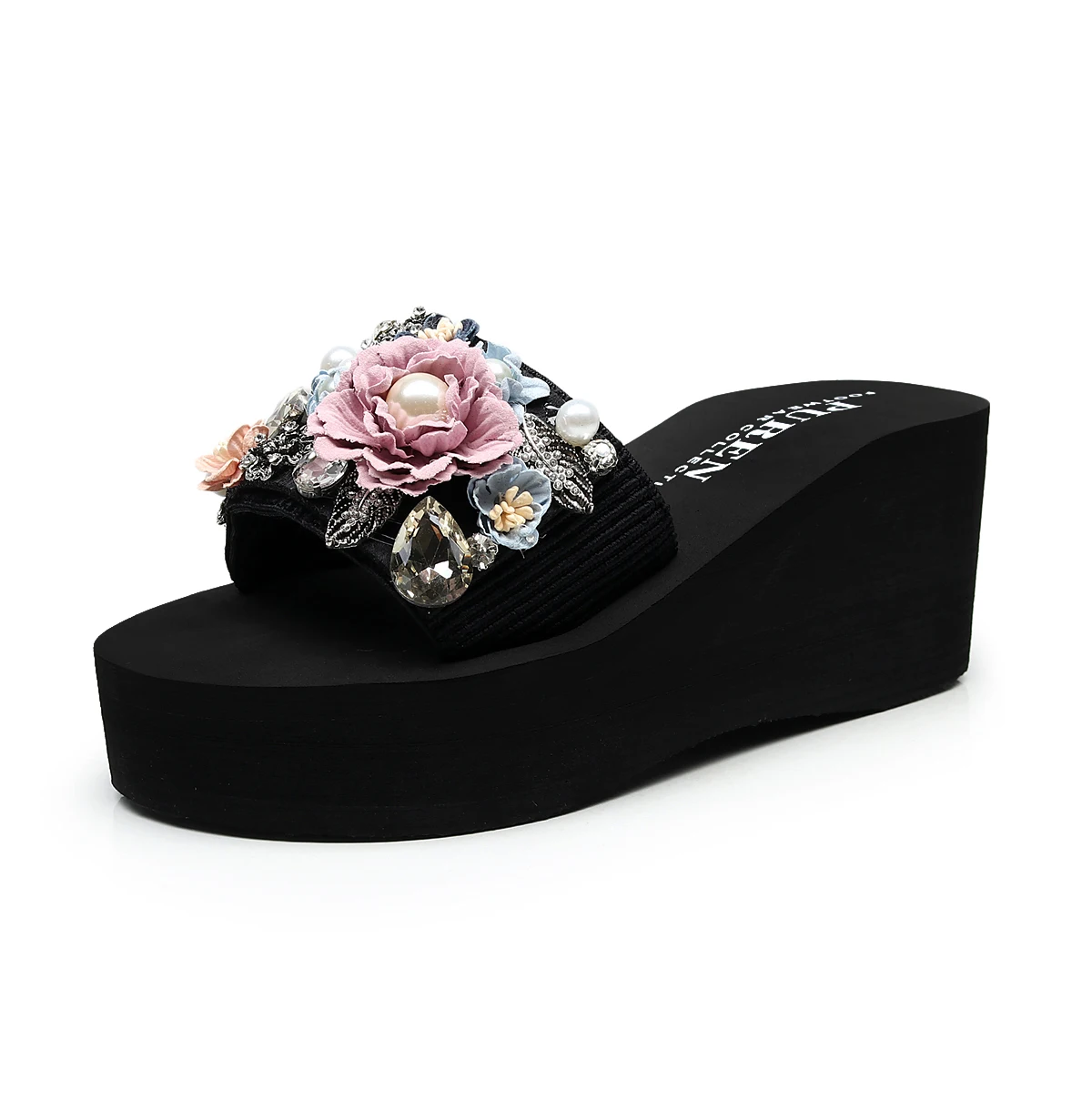 heel height 7cm pink Новинка; повседневные женские шлепанцы; модная женская обувь на высоком каблуке, украшенная цветами и жемчугом; пляжные шлепанцы без задника - Цвет: heel height 7cm pink