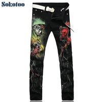 sokotoo mens fashion skull printed jeans slim fit colored drawing casual print denim pants black long trousers