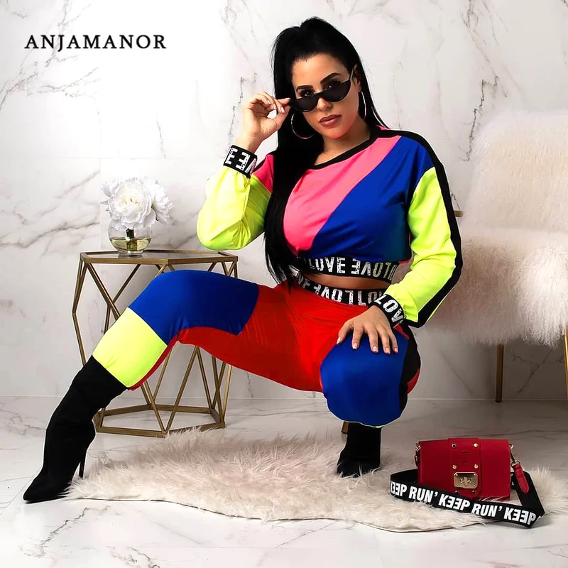 ANJAMANOR неоновый цвет блок Мода Женский комплект 2 шт. укороченный топ и брюки
