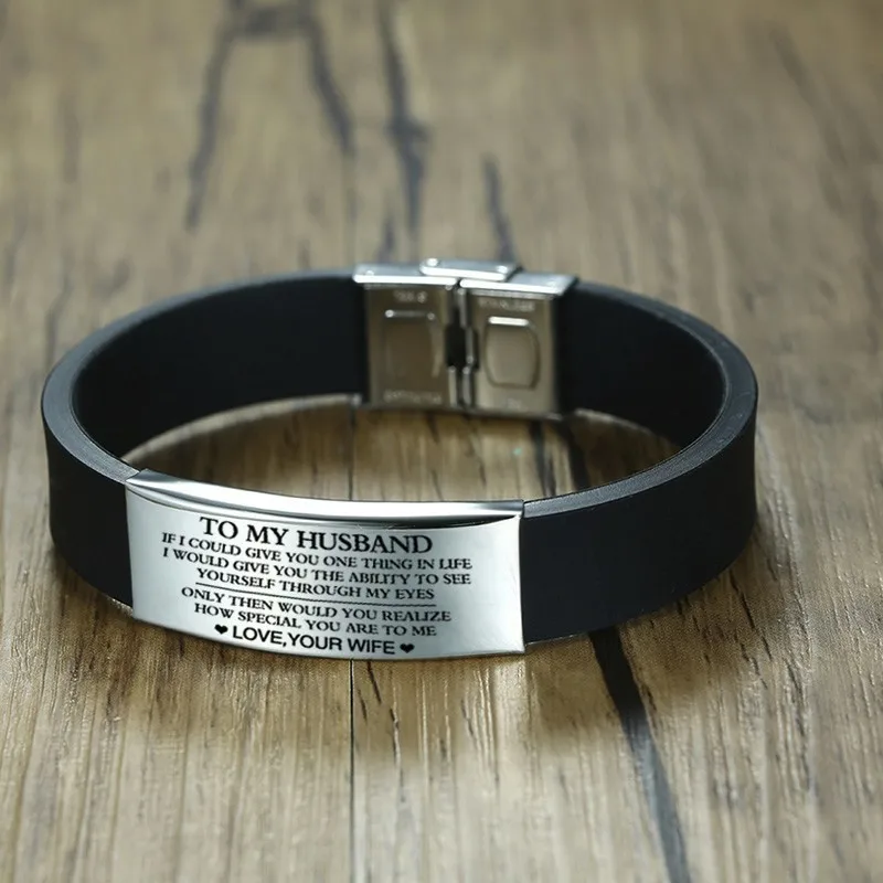 4 Vnox Custom TO HUSBAND Bracelets for Men Black Silicone Wrist Band with Stainless Steel Tag Valentine's Day Gift for Him - Metal Color: 4