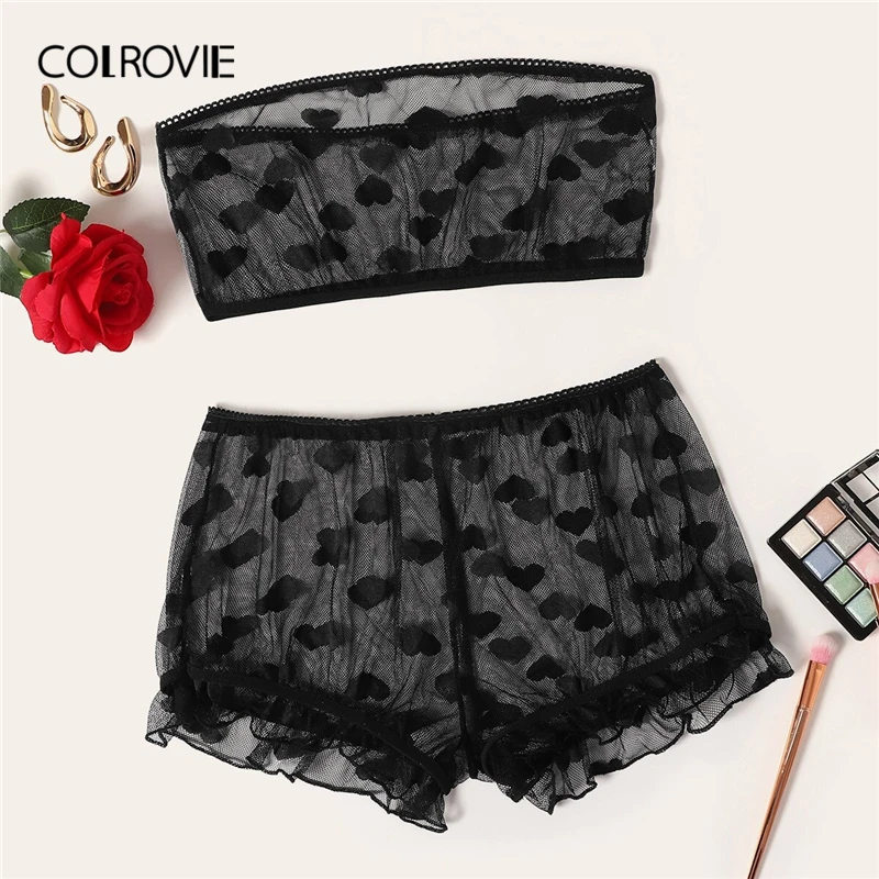 COLROVIE, черный, без бретелек, с узором в виде сердца, с оборкой, прозрачное сексуальное женское белье, набор, женское нижнее белье,, прозрачное нижнее белье, бюстгальтер и трусы