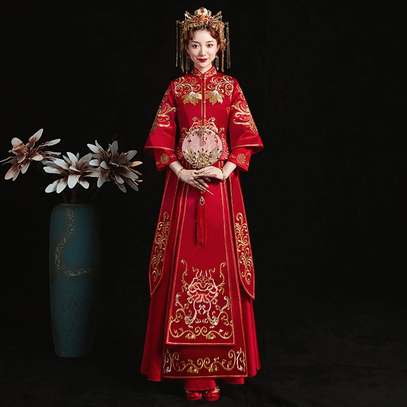 Традиционное китайское свадебное платье Cheongsam с длинным рукавом халат вышивкой