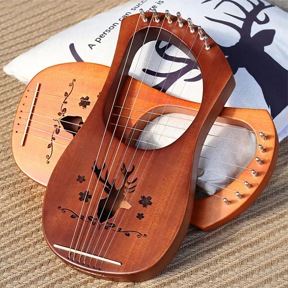 7 Strings Harp Lyre Strings Instrument Reindeer Pattern Mahogany Wood 7 Tone C Key Stringed Instruments for Music Lovers Gift