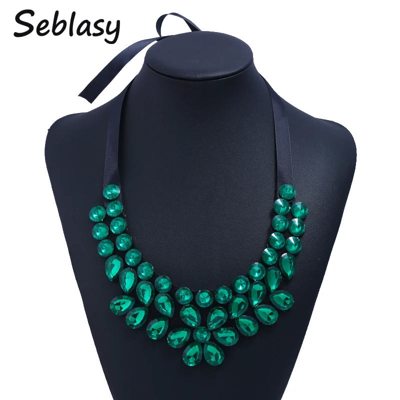 

Seblasy Maxi Bohemian Big Rhinestone Water Droplets Leaves Flowers Statement Necklaces & Pendants for Women Black Rope Chain