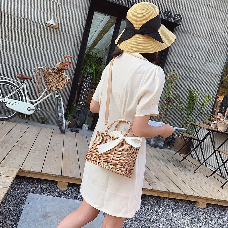 Соломенная Сумка корзинка с бантом для женщин летняя пляжная сумка Кроссбоди из