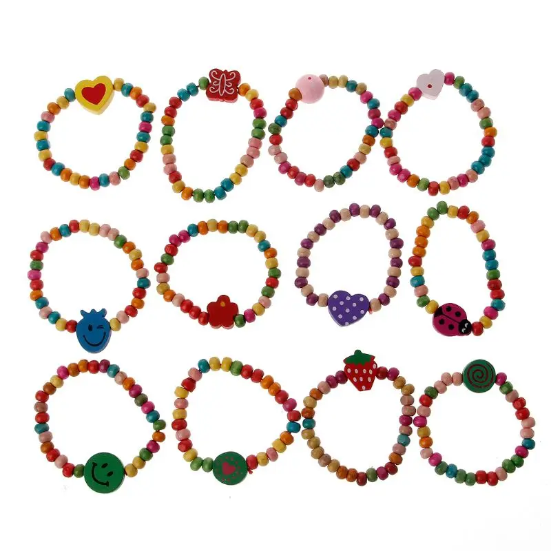 Набор из 12 Разноцветных Деревянных браслетов для маленьких девочек детские
