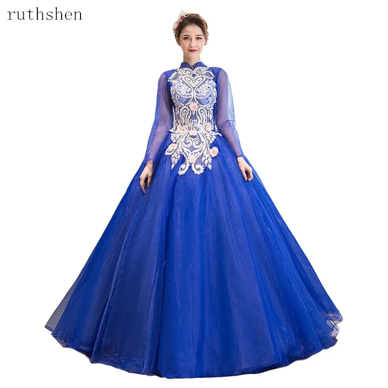 Бальные платья 2020 синие Quinceanera с длинным рукавом и высоким воротом 15 шестнадцати