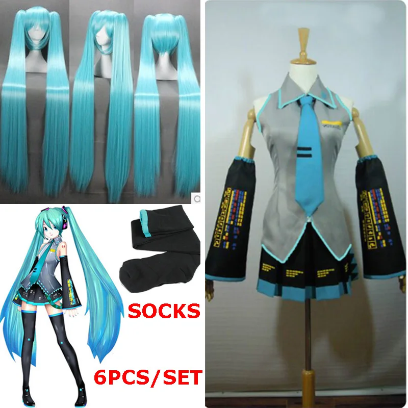 Высокое качество Полный комплект Vocaloid косплей Хацунэ Мику костюмы для косплея аниме Хэллоуин Харадзюку миди платье комикс-кон Вечерние