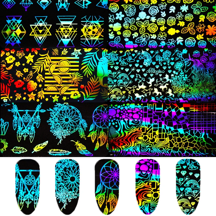 8 листов/лот Голографическая фольга на ногти мерцающий лазер для дизайна ногтей