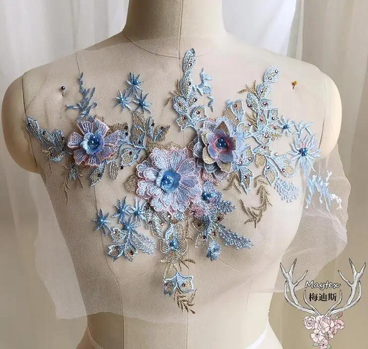 blue 1 шт 36*27 см 3D цветок красочные сетки вышитые жемчугом бисером кружева аппликация с Стразы DIY кружевная ткань отделка - Цвет: blue