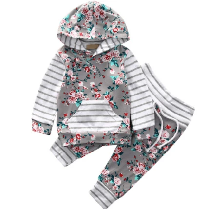 

2018 New Fashion 2Pcs Kid Floral Clothes Set Baby Girls Long Sleeve Striped Flower Hooded Tops Pants Harem Outfits Set Clothes