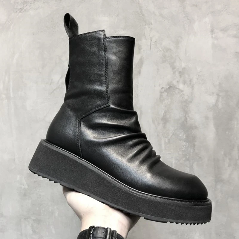 Fashion Men Thick Platform Ankle Boots High Top Genuine Leather Motorcycle Shoes Round Toe Zipper Military Safety | Обувь