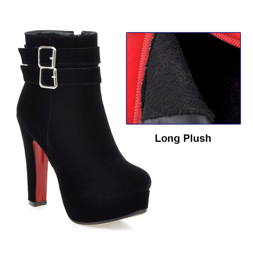 Long Plush Black Женские зимние ботильоны на платформе 12 см модные женские красные вечерние ботинки из флока с круглым носком на высоком толстом каблуке-шпильке с плюшевой пряжкой - Цвет: Long Plush Black