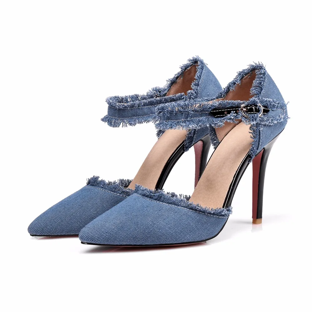 Женские туфли лодочки с острым носком MORAZORA синие или черные вечерние из денима на