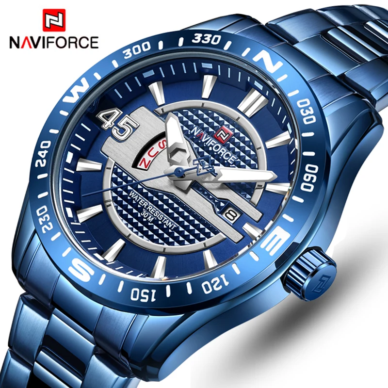 Мужские часы NAVIFORCE модные золотые кварцевые наручные мужские полностью стальные