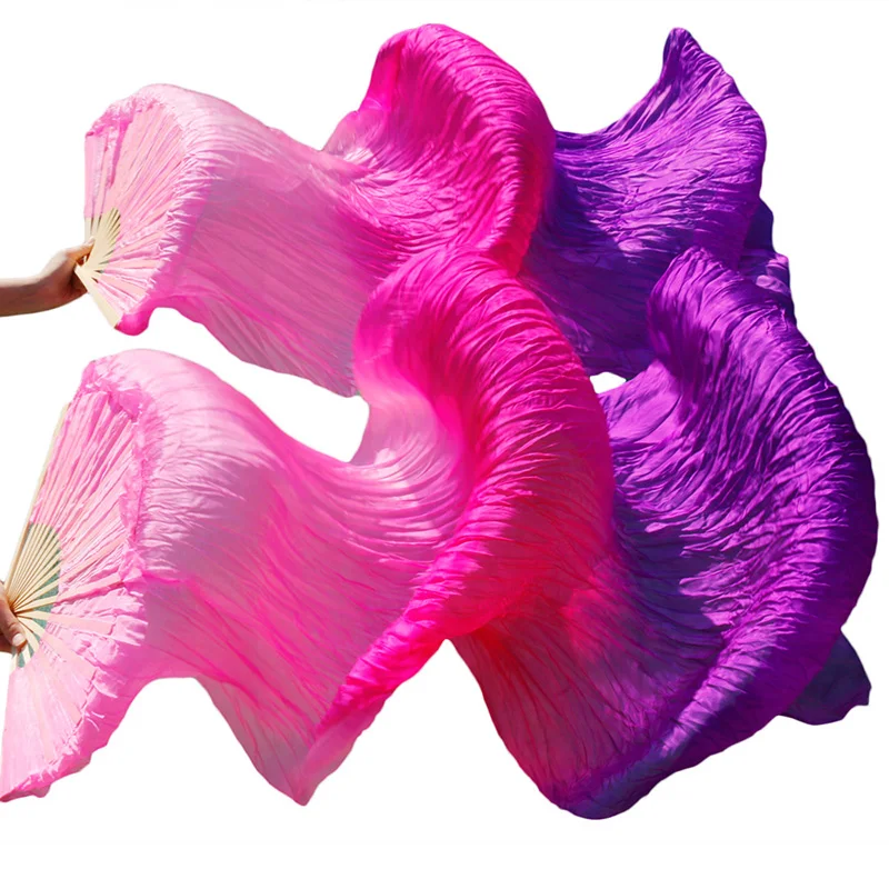 pink fuchsia purple Хиты, высокая распродажа, Женская качественная шелковая вуаль для танца живота, веера, натуральный шелк, радужная цветная вуаль, одна пара(2 шт - Цвет: pink fuchsia purple