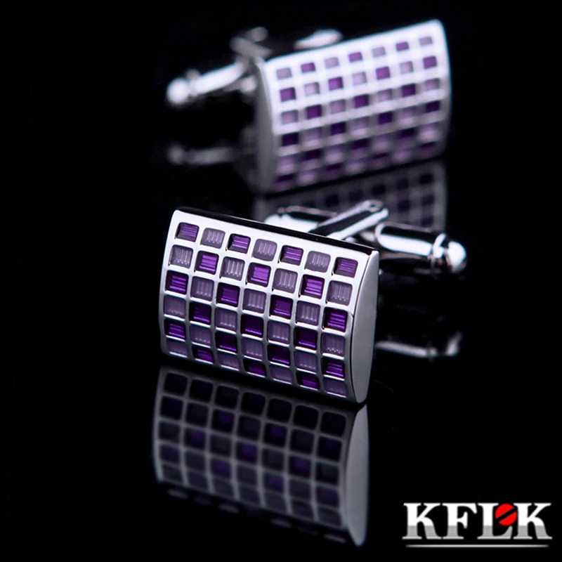 

KFLK jewelry shirt cufflink for mens Brand cuff button de manchette Purple Plaid cuff link High Quality abotoadura guests