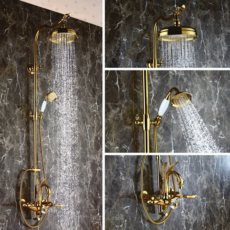 online Chuvas De Ouro Pvd Cisne Banheira Torneira Do Chuveiro Wall Mount Torneira Da Banheira Torneira Misturadora Pulverizador Da Mão