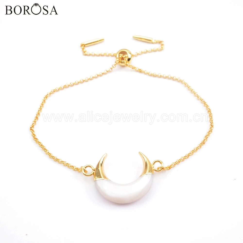 

BOROSA 5PCS Gold Plated Natural Abalone Shell Adjustable Bracelet 10inch White Shell Bangle Jewelry for Girls as Gifts G1718