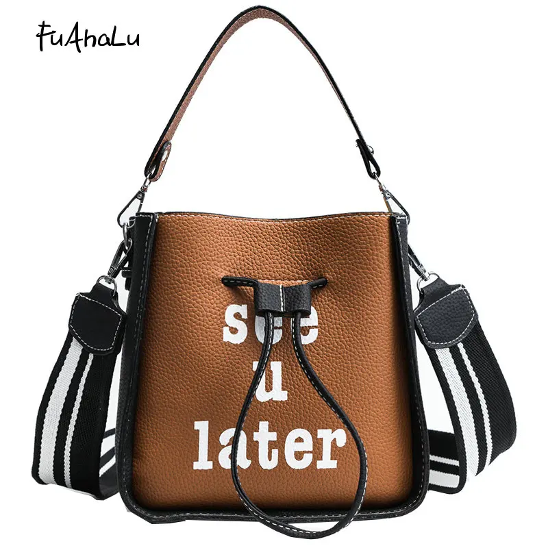 

FuAhaLu Winter hit color bucket buns handbag wide shoulder strap shoulder Messenger bag