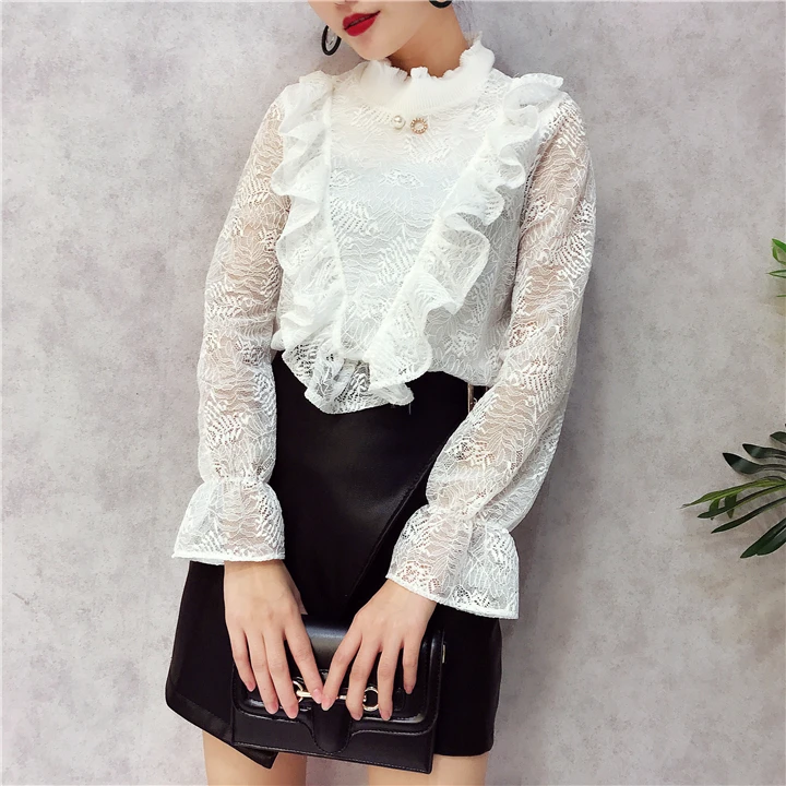 ALPHALMODA V-Ruffled стоячий воротник, украшенный бисером, женские изящные футболки с вырезами на крючках, цветы, однотонные женские пуловеры, футболки