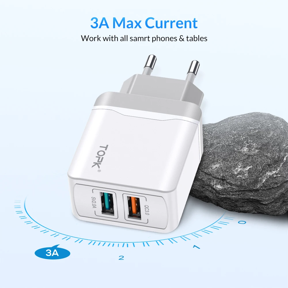 USB-переходник TOPK для зарядки устройств от сети 2 разъема европейская вилка |
