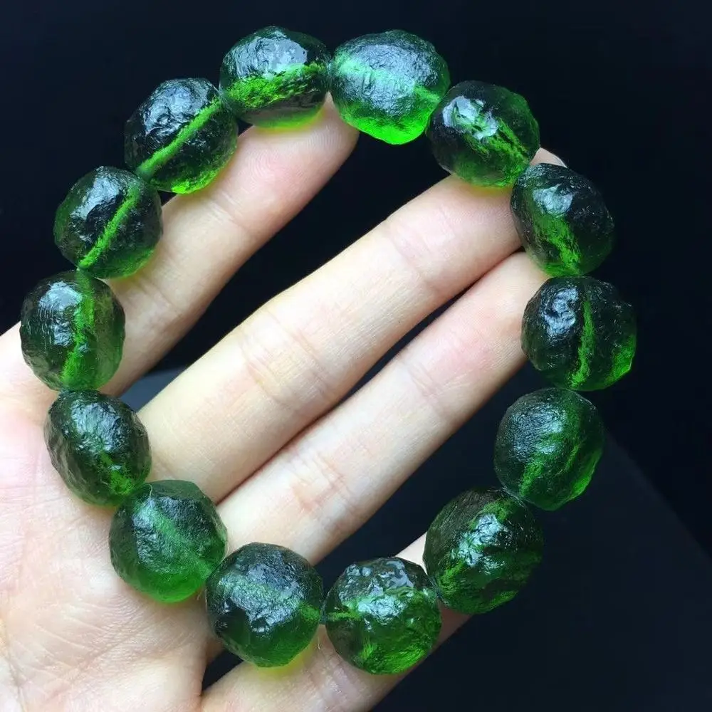 15 мм зеленый драгоценный камень MOLDAVITE метеорит ударопрочный стеклянный браслет