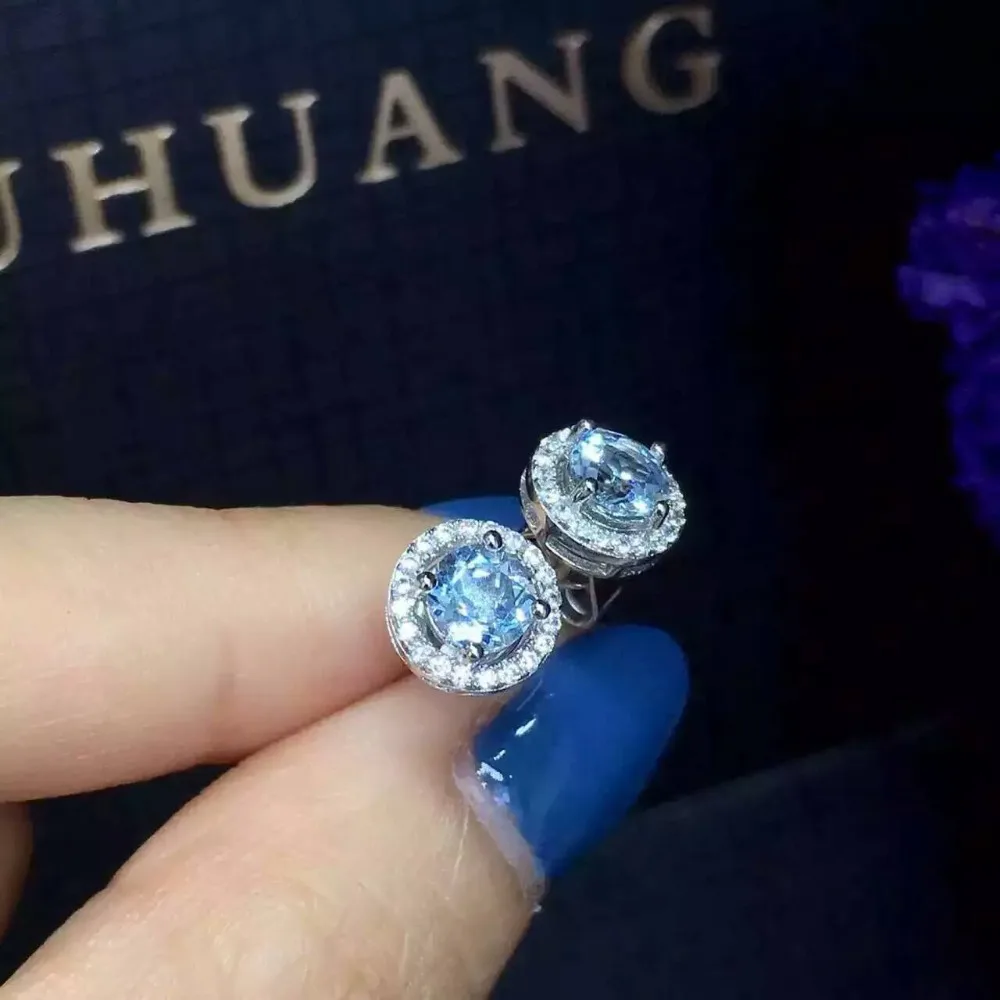 Серьги-гвоздики женские круглые из серебра 925 пробы с натуральным голубым