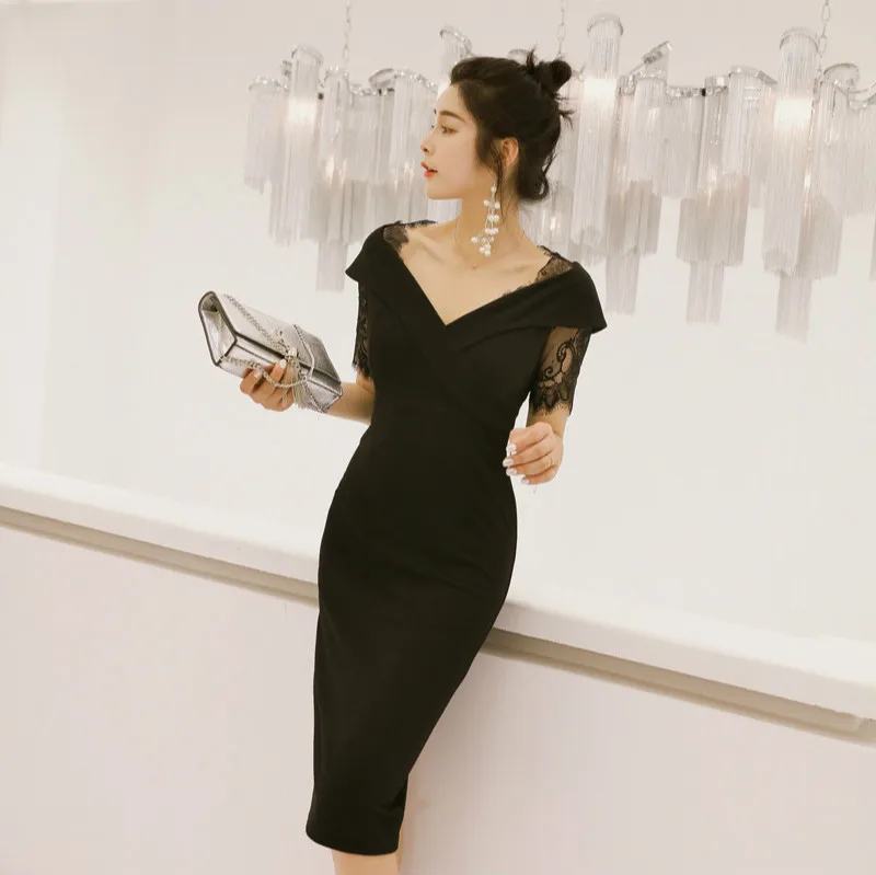 Женское платье-карандаш черное платье до колена с коротким рукавом и открытыми