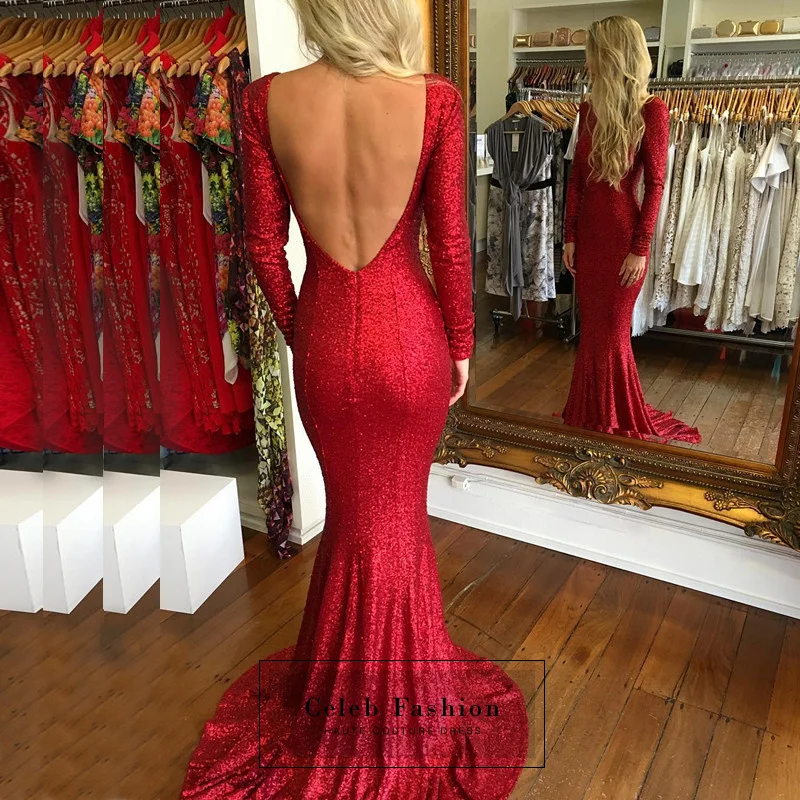 Блестящие Красные Блестками Длинные Русалка Пром Платья Sexy Backless Рукава Вечернее