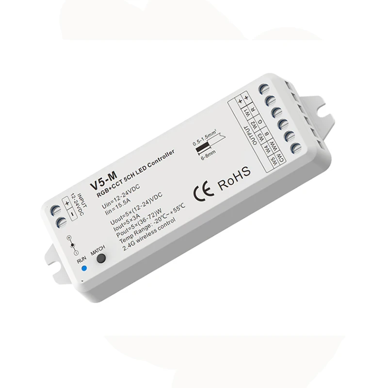 

New Led RGBCCT Strip Controller 2.4G RF Remote Wireless 3A 5 Channel Output DC12V 24V RGB CCT String Control