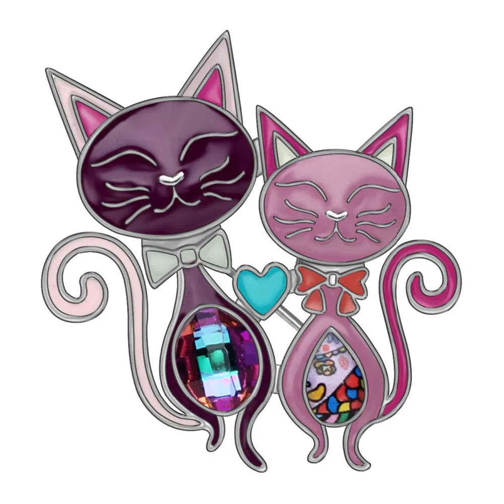 Bonsny Statement Alloy Enamel Cute Double Cat Brooches Clothes Scarf Pin Fashion Animal Pet Jewelry For Women Girls Gift Bijoux | Украшения