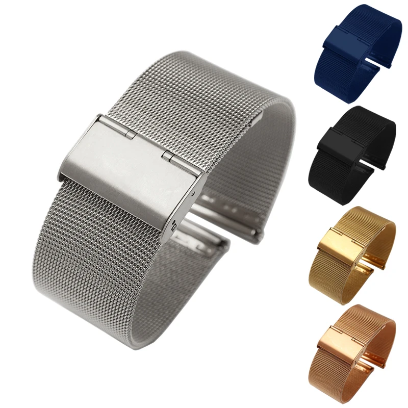 NEW Arrivals 10mm 12mm 14mm 16mm 18mm 20mm 22mm 24mm 5 colours  Stainless Steel Mesh Watch Band Bracelet Strap Free shipping