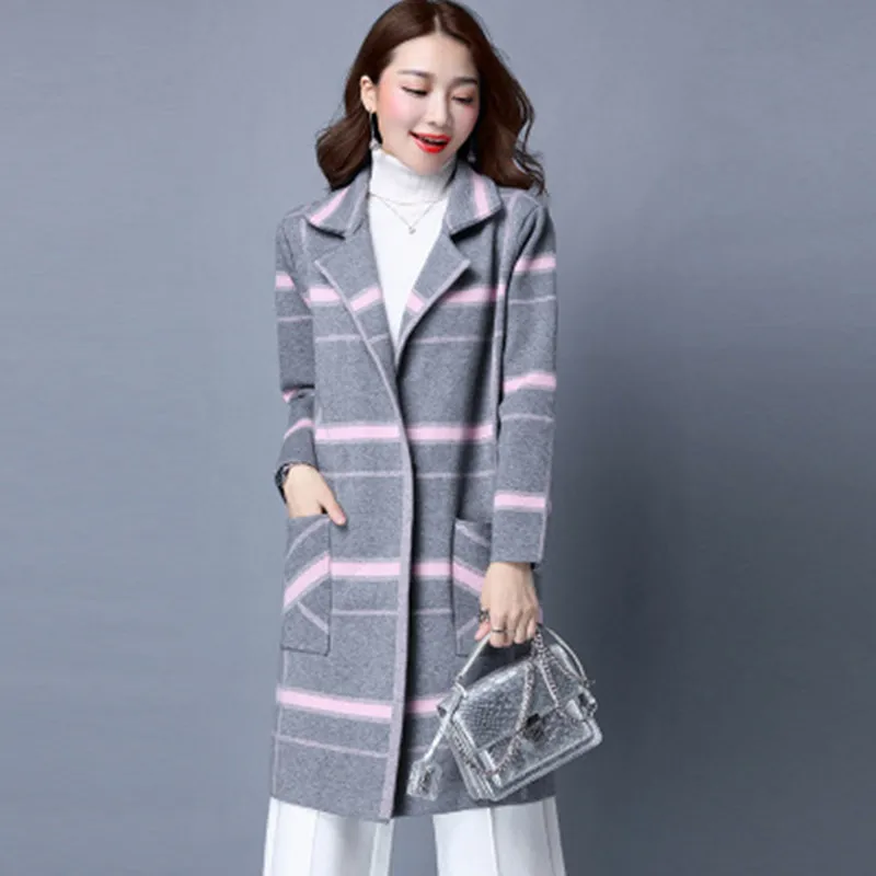 2019 новый осенне-зимний вязанный клетчатый кардиган с длинными рукавами женский