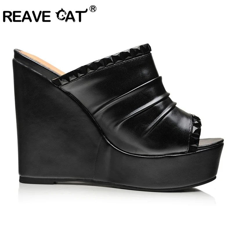 ?? 奪う猫ウェッジサンダルミュールスリッパプラットフォームハイヒール黒、白オレンジラインストーンプリーツ夏の女性 ZL022