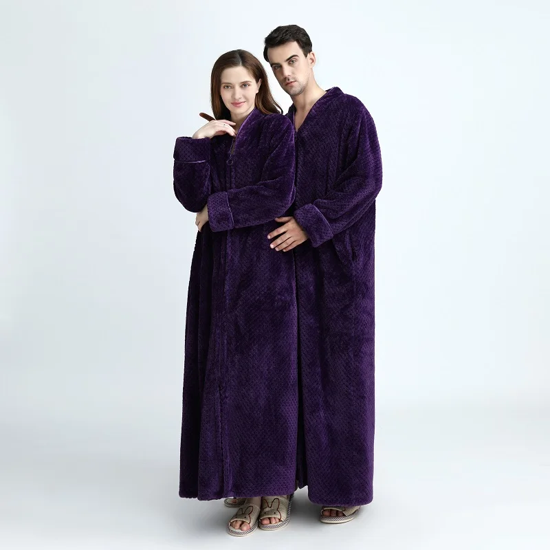 Men' Bathrobe Winter Thicken Flannel Pajama Onesie Peignoir Women Warm Robes Badjas Mannen Anckle Long Dressing Gown Pijama