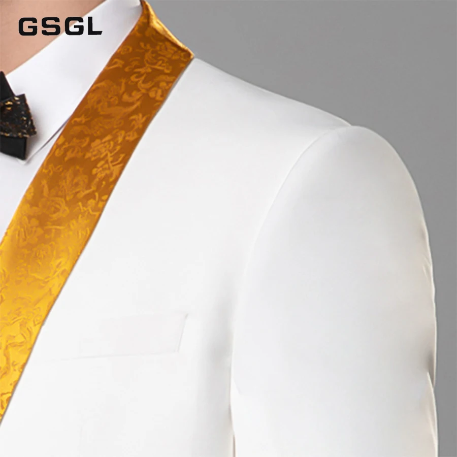 Men's 2 Pieces Suit Shawl Lapel Tuxedo Suits Formal Golden Jacquard Jacket Pants White Suit Set