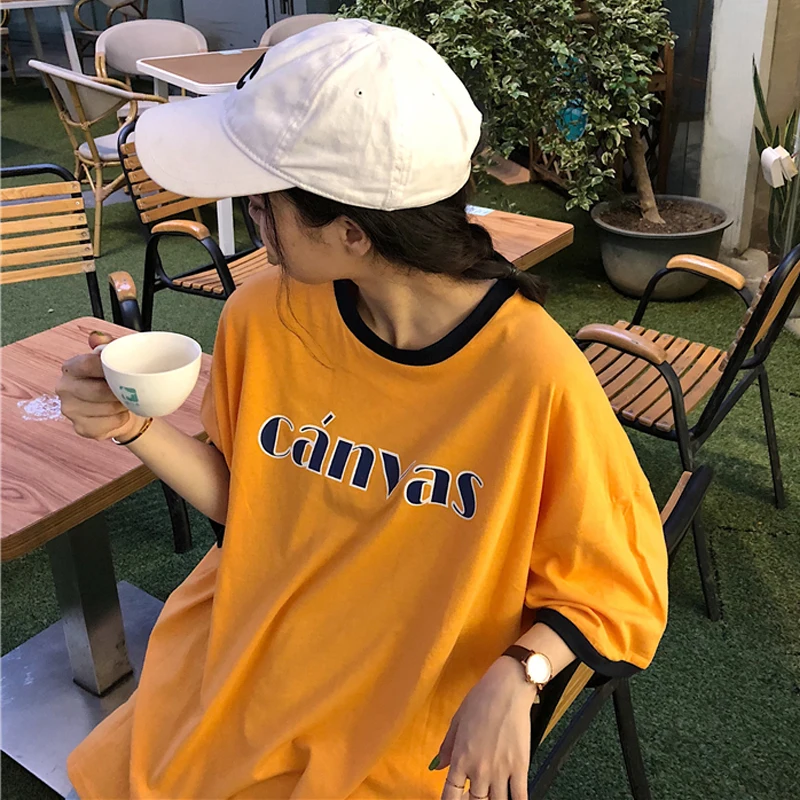 Летняя одежда женская футболка топ Корейская Ulzzang Harajuku с буквенным принтом и