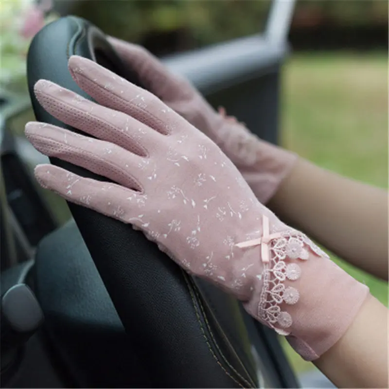 skin pink Женские перчатки милые летние солнцезащитные перчатки женский тонкий чистый хлопок дышащий цветочный короткий вождения анти-УФ Женские варежки FS16 - Цвет: skin pink