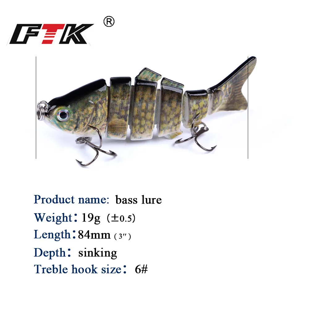 ФТК рыбалки бас приманки тонущий воблер 6 сегментов 19g Multi сочлененных Crankbait