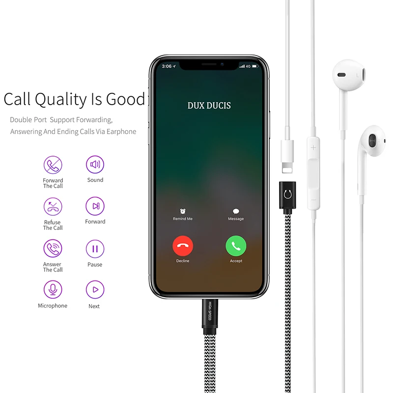 DUX DUCIS 3 в 1 аудио зарядный кабель для iPhone 8 7 Plus X AUX адаптер быстрое зарядное
