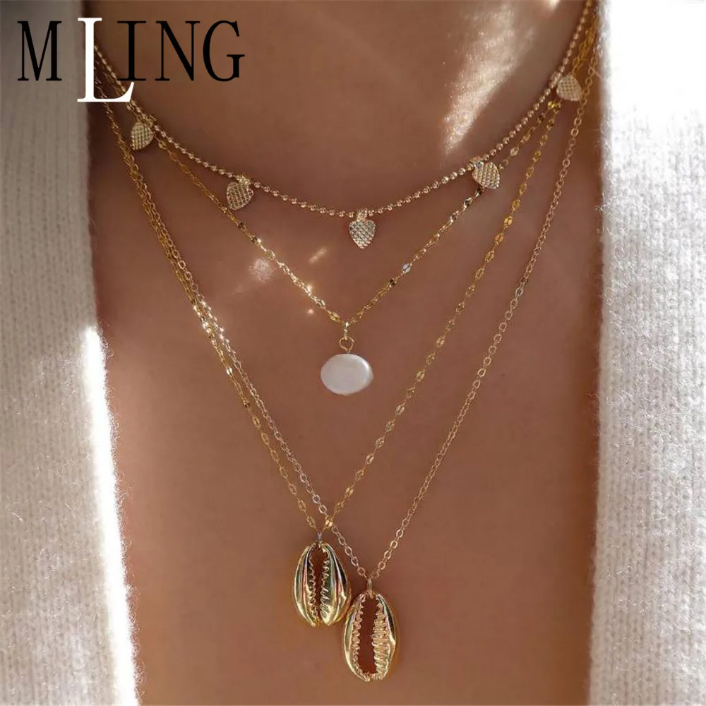 MLING Vintage Gold Multilayer Choker Necklace Bohemian Irregular Pearl Heart Shell Pendant For Women | Украшения и аксессуары