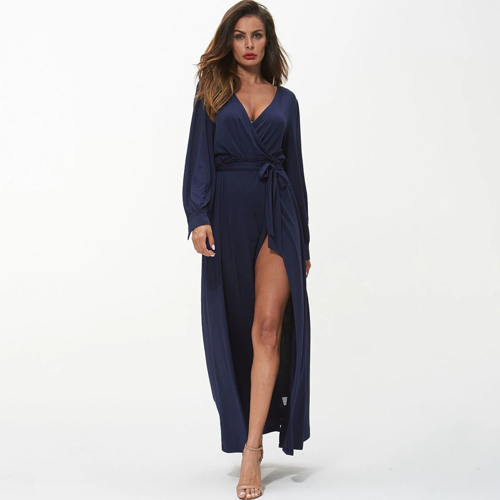 Женское платье с длинным рукавом Berydress синее коктейльное платье-макси поясом на