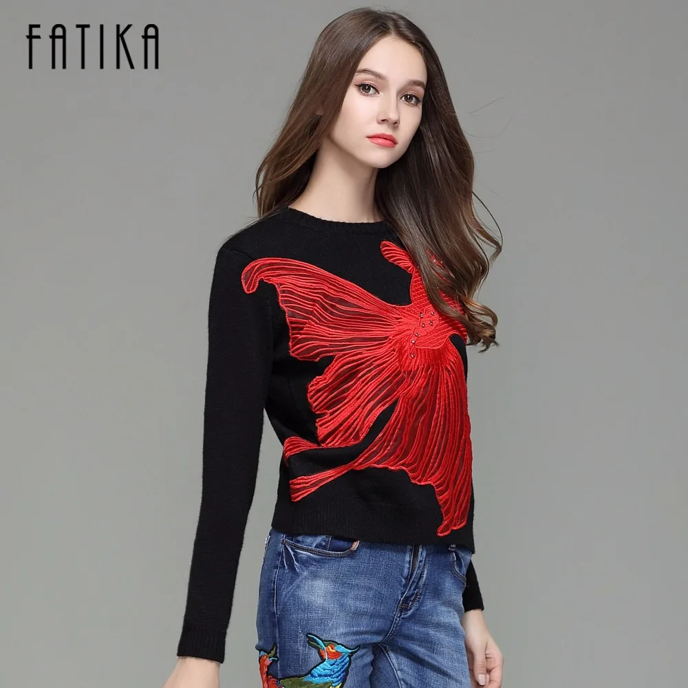 Fatika Мода 2017 г. осень-зима Для женщин Красная Рыба Вышивка пуловер Свитеры для