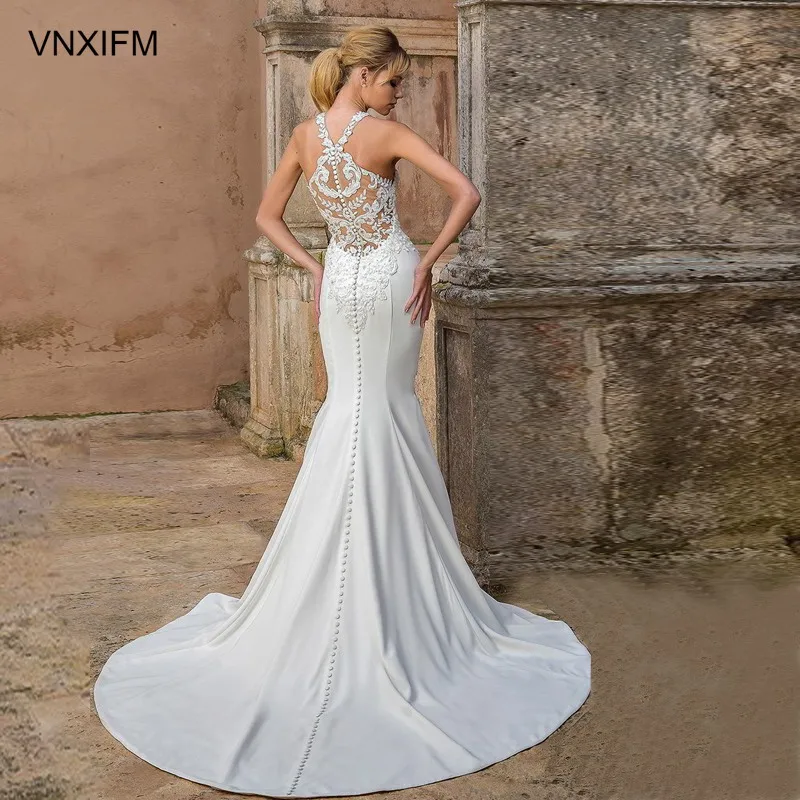 VNXIFM 2019 bridal halter neck heavily embellished bodice elegant fit and flare trumpet wedding dress rasor back medium train|Свадебные