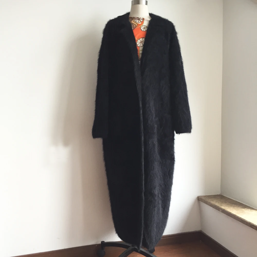 Длинное вязаное пальто из натуральной норки и кашемира Модный женский свитер